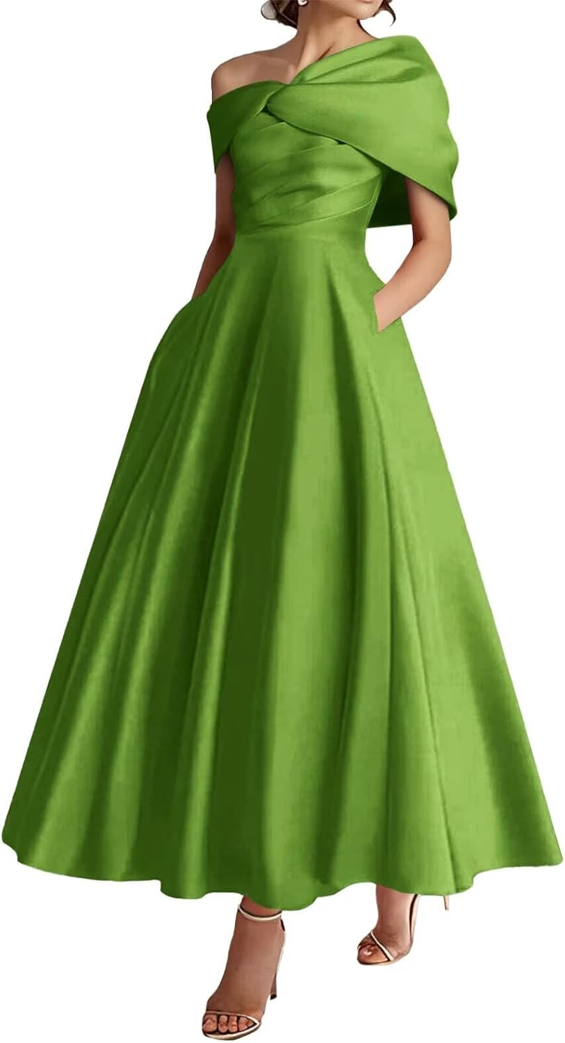 One Shoulder Satin Mother of The Bride Dresses A-Line Pleated Tea Length Wedding Guest Dress with Bow