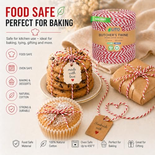 Image of 100% Cotton Twine Macrame Thread | Natural Cotton String for Cooking, Baking, Wrapping, Crafts, DIY Garden Decor & Gift Packaging (Red & White, 12PLY- 500 FEET- Pack of 1)