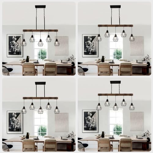 5-Light Kitchen Island Lighting Hanging for Farmhouse Linear Chandeliers,Dining Room Light Fixture/Chandelier Over Table,Matte Black Rustic Wood Ceiling Pendant Light Fixtures with Metal lampshade