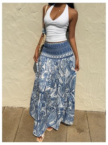 Milumia Women's Paisley Print Flowy Maxi Skirts Boho Shirred Long Skirts Beach Vacation3