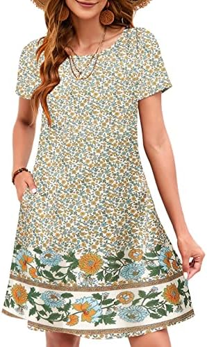 Sherosa Womens Plus Sun Dresses Summer Casual Short Sleeve Shift Tunic Dress with Pockets(XL,Cashew Apricot)