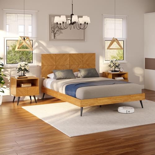 Image of Bme Rhombus Wooden Nightstand with Storage Drawer - Solid Rubber Wood, Geometric Rhombus Pattern Front, Modern Scandinavian Side Table with Metal Base for Bedroom