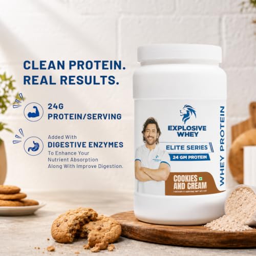 Image of Explosive Whey Elite Series Whey Protein - Trusted by M.S. Dhoni | 24g Protein per Scoop | Premium Concentrate + Isolate Sport Supplement for Enhanced Muscle Growth and Recovery | Cookie & Cream - 1kg (30 Servings), Trustified Certified