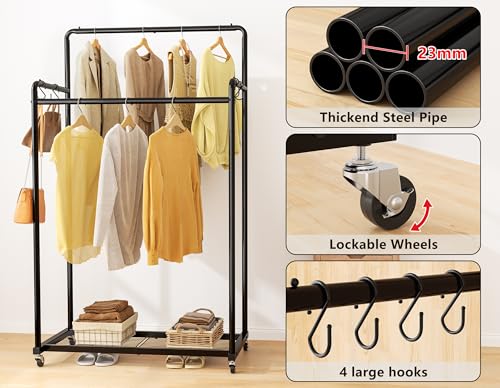 HOMIDEC Clothes Rail,Metal Clothes Rack with Hooks, Double Rads Heavy Duty Clothing Rail for Bedroom,Portable Clothing Rack Clothes Storage Shelf,Hold up to 80 kg,Blcak - Image 2