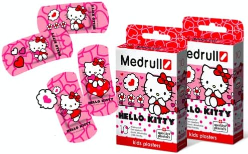Medrull Soft Kids Plaster Hello Kitty Waterproof | 2 Boxes Set (2 x 10 Pieces) | Plasters Size 25 x 57 mm, Individually Packed Waterproof Pink Plasters