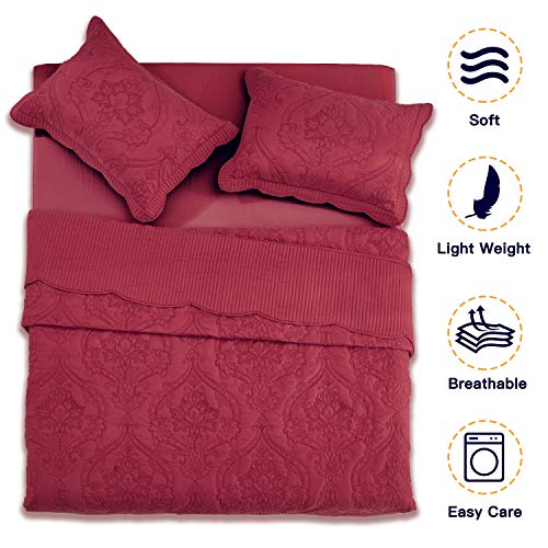 Image of CHIXIN Bedspread Coverlet Quilt Set Full Size - Lightweight Bedding Cover - Beautiful Stitching - 5 Piece Reversible Bedspread - Gorgeous Damask Paisley Pattern (Full, Wine Red)