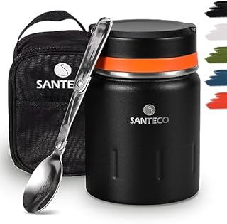 SANTECO Vacuum insulated food Flask, 500ml Double Walled Stainless Steel Food Jar Flask with BPA-free Collapsible Spoon, Insulated Leak Proof Travel Bag for School Lunch or Soup