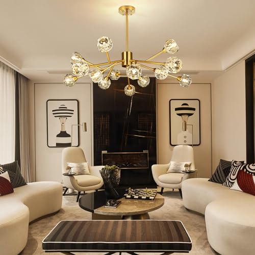 Weesalife Sputnik Chandeliers for Dining Room Light Fixtures,Modern Crystal Chandeliers for Living Room,15 Lights Gold Mid Century Brass Lighting Fixtures for Kitchen Island Bedroom Entryway - Image 4
