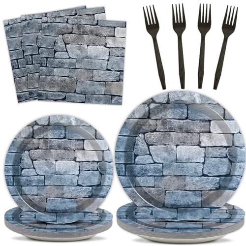 96 Pieces Medieval Castle Knight Brick Stone Tableware Set for Cobblestone Party Medieval Castle Birthday Decorations Dessert Paper Plates Napkins Forks for 24 Guests Brick Theme Party Supplies