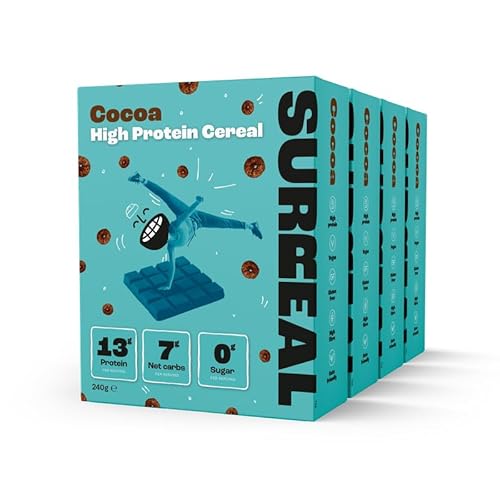 Surreal Cocoa - High Protein Cereal - Zero Sugar- Healthy Plant Based Cereal - High in Fibre - Low Carb - Gluten Free - Vegan - 13g of Protein, 0g of Sugar - 240g per Box - 4 Pack (4 x Cocoa)