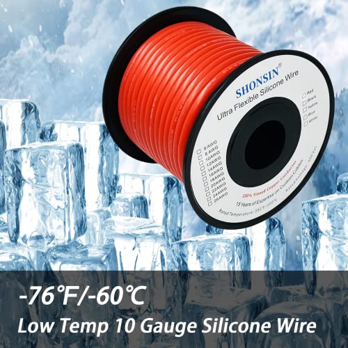 Shonsin 10 Gauge Silicone Wire Spool 50Ft Red, Extremely Flexible 10 Awg Automotive Wire, 1050 * 0.08Mm Tinned Stranded Copper (5.3Mm2) High Temp 392℉/200℃ Rating 46 Amp 600V #TOP4