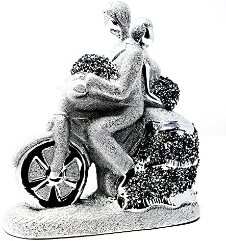 Crystal Crushed Diamonds Silver Bling Sparkle Ornament Bride Grooming Beautiful Couple Statue, Couple On Bicycle Display For Handmade Craft Wedding Anniversary, Christmas Birthday Present, Home Décor