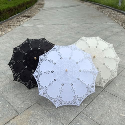 Paraguas decorativo de encaje blanco con mango de madera estilo princesa vintage 4