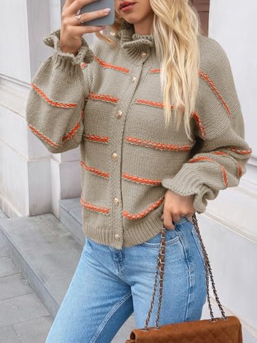 Saodimallsu Womens Striped Cardigan Sweaters Button Up Ruffle Open Front Chunky Knit Loose Fall Sweater Coats4