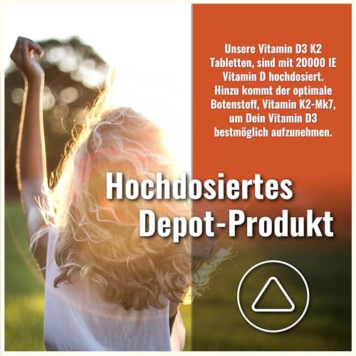 Vitamin D3 K2 Tabletten -200 Tabletten - Vitamin D Hochdosiert 20000 IE + 200µg Vitamin K2-Mk7 - D3 K2 Depot - Vegetarisch - Hochdosiert