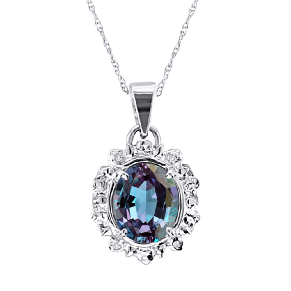 Halskette mit Anhänger aus künstlichem Alexandrit und Diamant, Gelbvergoldetes Silber
