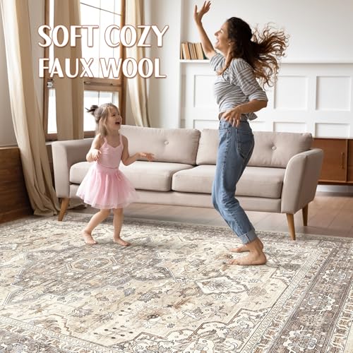 10x14Ft Area Rugs Living Room: Washable Boho Large Neutral Vintage Soft Rug Stain Resistant Farmhouse Non Slip Indoor Floor Carpet for Bedroom Nursery Kids Playroom Office Dining Room- Beige Brown