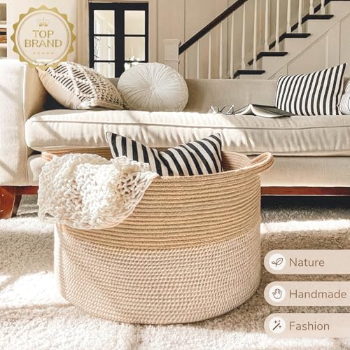 Image of INDRESSME Extra Large Woven Baskets for Storage, 21.7'' x 13.8'' Wicker Basket with Handle for Blankets, Big Laundry Baskets for Clothes, Pillows, Towel, Shoe Basket for Entryway, 90L White Jute
