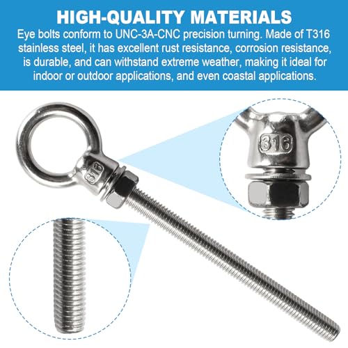 Image of Eyebolts 3 /8 inch X 4 inch Stainless Eye Bolts with Nuts - Stainless Steel Marine Grade Shoulder Can Be Used in Multiple Scenarios -5 Pack