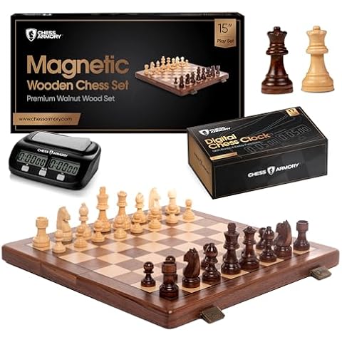 Chess Armory 15 inches Walnut Magnetic Wooden Chess Set and Chess Clock Bundle for Kids and Adults Cover