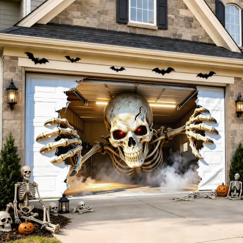 Halloween Garage Door Cover 16x7 FT, Realistic Garage Scene Design | 3D Skeleton Breaking Through Illusion Decoration, Full Size Double Garage Door Banner, Outdoor Halloween Decor