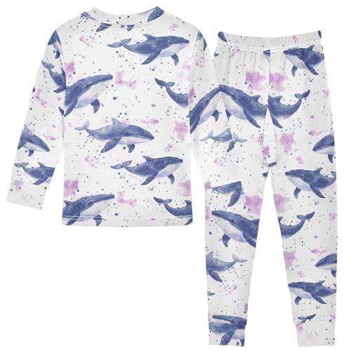 Watercolor Beautiful Blue Whale Cute Pajama Sets Long Sleeve Top and Pants, Snug Fit Sleepwear for Night Wears2