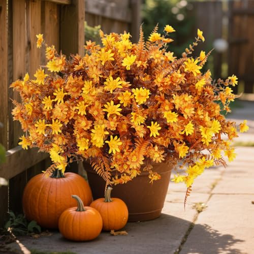 h2CeGak 36pcs Fall Fake Flowers for Outdoor Realistic Artificial Flowers for Outdoor UV Resistant Faux Mums Plastic Autumn Flowers No Easy Fade Fall Thanksgiving Fall Flowers for Porch Planter