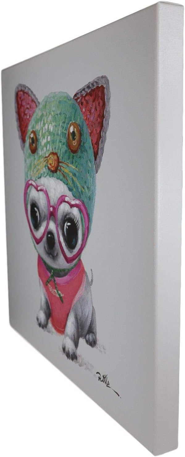 Ebros Colorful Chihuahua Puppy With Heart Glasses And Costume Portrait Style Printed Canvas Picture Hand Stretched On Wooden Frame 16" By 20" Wall Art Modern Or Vintage Home Decor