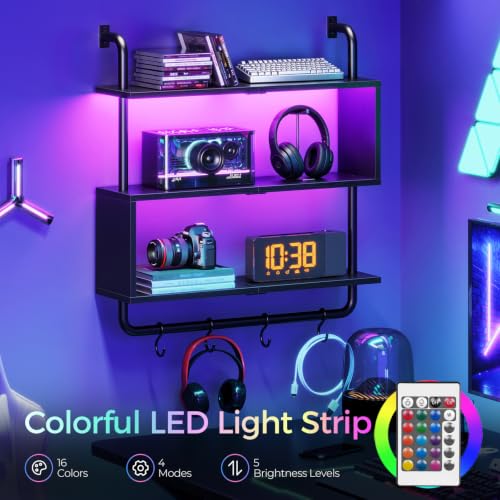 Image of HOOBRO Floating Shelves with LED Lights, 29.5 inch LED Wall Mounted Gaming Shelf, 3-Tier Pipe Display Rack with Hanging Rod and 4 S-Hooks, for Storage Livingroom, Bedroom, Kitchen, Black BB21DBJ01