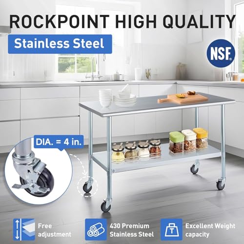 Image of ROCKPOINT Stainless Steel Table for Prep & Work with Caster Wheels 30x72 Inches, NSF Metal Commercial Kitchen Heavy Duty Table with Adjustable Under Shelf and Table Foot for Restaurant, Home and Hotel