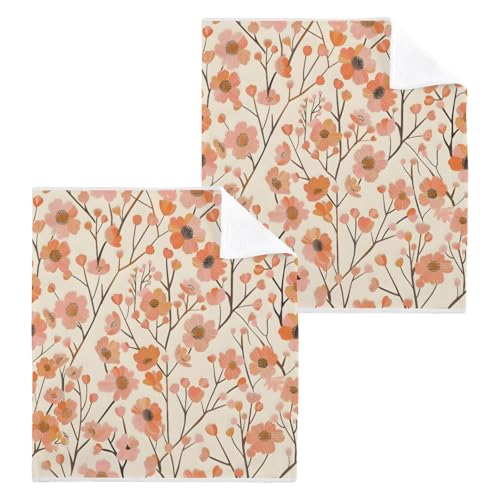ALAZA Wash Cloth Set 100% Cotton Fingertip Towels Face Cloths Sets Apricot Floral Highly Absorbent Soft Feel Set of 2