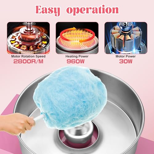 Rengue Cotton Candy Machine Commercial, 1000W Electric Cotton Candy Maker, Cotton Candy Machinewith Stainless Steel Bowl, Sugar Scoop, Storage Drawer, Perfect for Family Party, Kids Birthday