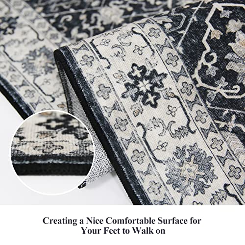 Hallway Washable Runner Rug - 2x10 Kitchen Rugs Entryway Rug Runner Vintage Soft Floor Mat Non Slip Indoor Farmhouse Carpet for Bathroom Living Room Bedroom(2 X 10, Black)