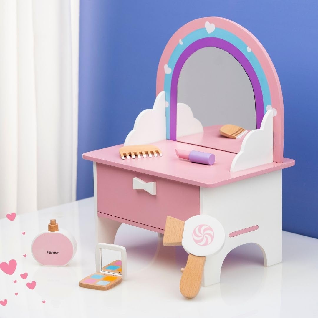 Cots and Cuddles Wooden Dressing Table Playset for Kids | Pretend Play Makeup Set with Wooden Hair Dryer, Perfume, Lipstick, Comb & Mirror (Age 3+) - Image 5 thumbnail