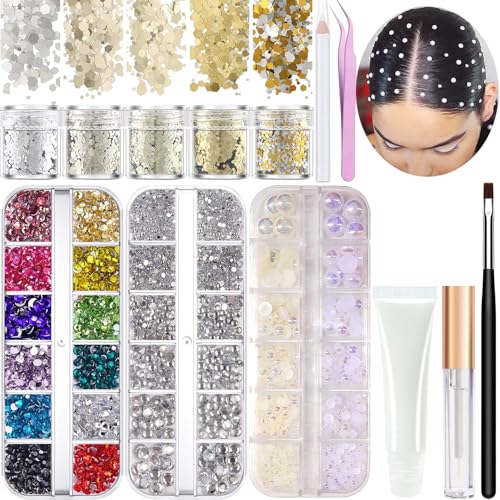 Hair Face Gems Rhinestones with Makeup Glue Flat Back Colorful Jewels Crystal Half Round Pearl Gold Holographic Glitters Sequins Kit Wax Pencil Tweezer and Brush for Face Eye Hair Body Makeup