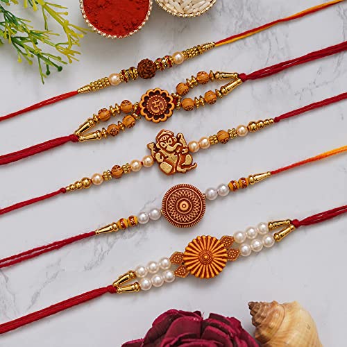 Image of eCraftIndia Red Blue Round Designer Rakhi for Brother Bhaiya Bhai | Roli Chawal Pack | Rakhi Combo