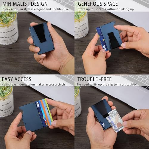 Minimalist Carbon Fiber Wallet for Men, Money Clip Cash Strap Wallet, RFID Blocking Metal Wallet Aluminum Card Holder,Front Pocket Wallet(Matte Navy Blue)3