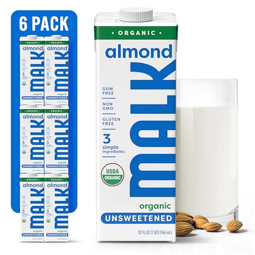 MALK Almond Milk Unsweetened (32oz, Pack of 6) - Shelf Stable Organic Almond Milk, Non GMO, Whole 30, Dairy Free, Vegan, Plant Based, No Gums or Fillers - Malk for Smoothies, Cereal, Coffee,Creamer
