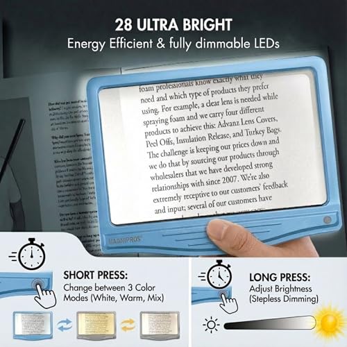 Image of MagniPros 5X Rechargeable Large Ultra Bright LED Page Magnifier with Anti-Glare Lens & 3 Color Light Modes, Relieve Eye Strain- Ideal for Reading Small Print, Low Vision, Seniors