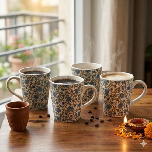 Image of miah decor Stoneware Coffee Mugs Set of 4 | Blue Floral Ceramic Tea & Coffee Cups | Microwave & Dishwasher Safe Mug Set | Food Safe Ceramic Cups for Coffee, Tea, Hot Chocolate & Bake Serve