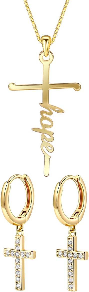 SUNNYGO 14K Gold Plated Dainty Cross Necklace Earrings Set Classic Adjustable for Women Girls Jewelry Gifts