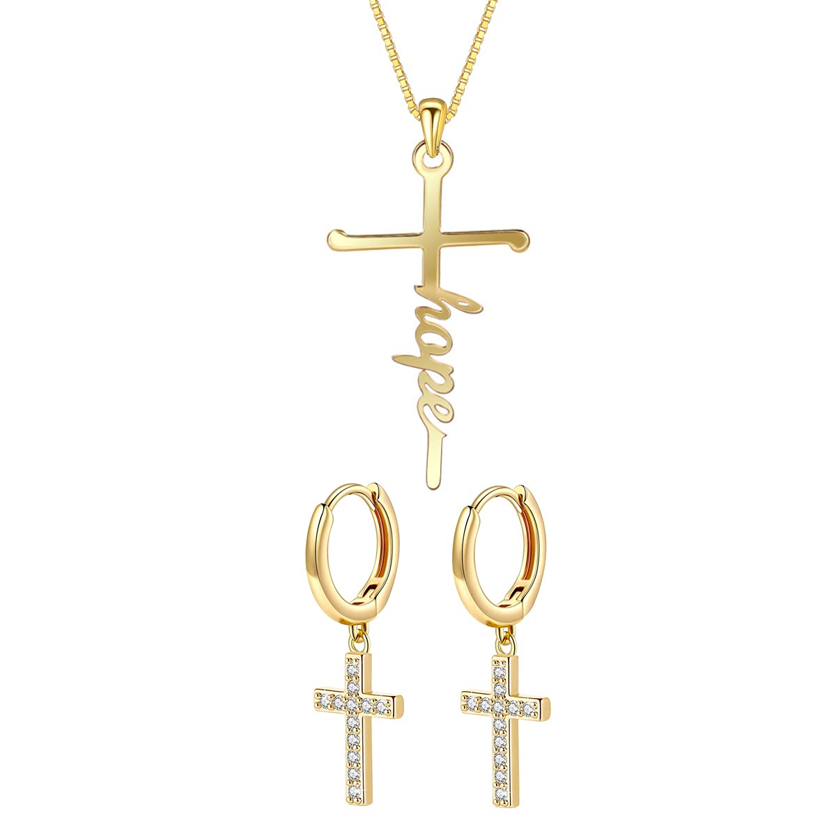 14K Gold Plated Dainty Cross Necklace Earrings Set Classic Adjustable for Women Girls Jewelry Gifts