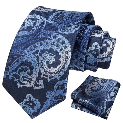 Image of HISDERN Extra Long Ties for Men Classic Floral Tie and Pocket Square Elegant Silk Necktie Handkerchief Set Wedding Party
