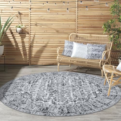 KUTA Vintage Round Rugs 5ft, Grey White Washable Circle Rug 5ft, Non-Slip Printed Medallion Carpet for Living Room, Soft Cozy Dining Kitchen Throw for Entryway