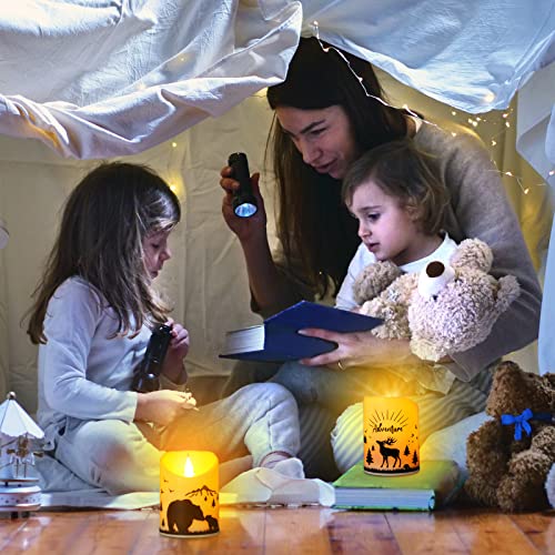 Image of Treela 2 Pieces Christmas Flameless LED Candles with 8h Timer, Battery Operated Plastic Pillar Rustic Candles Warm Light with Decals for Adventure Table Home Decor, D3 x H6 (Woodland Mountain)