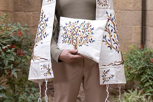 Yair Emanuel Multicolor Tree of Life Design Embroidered Raw Silk White Tallit Set4