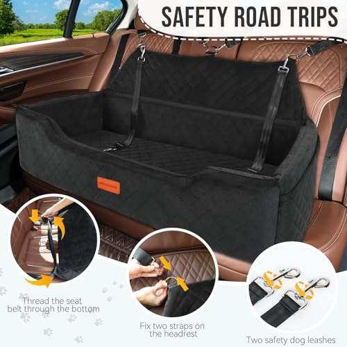 HEGGCOOE Hunde Autositz für Große Hunde unter 100 lbs, Waschbares Hundesitz Auto für 2 Mittlere, Abnehmbar Autositz Hund mit 2 Sicherheitsleinen, Hundebett Auto rückbank-Schwarz