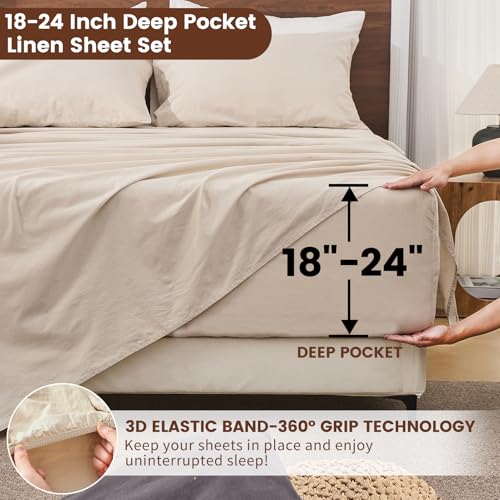 Image of Bedlifes 100% French Linen King Bedding Set - 18-24 inch Extra Deep, 6-Piece | Soft & Durable, Breathable & Cooling, Flax Linen Sheet, OEKO-TEX Certified, Moisture Wicking, Easy Care, Machine Washable
