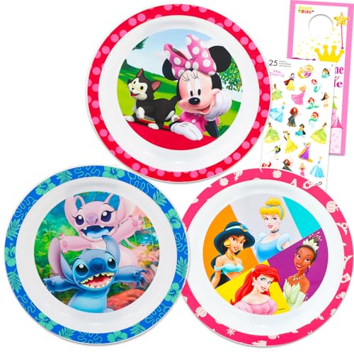 Disney Dinnerware Set for Girls - 3 Pc Kitchen Accessories Bundle with Stitch, Princess, Minnie Mouse Plates Plus Stickers, More | Disney Plates for...