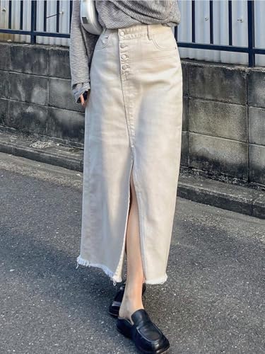 Image of GRECIILOOKS Women's High Waist White Denim Skirt with Front Slit - Long Maxi Jean Skirt Casual Fashion - Stylish Denim Skirts for Women